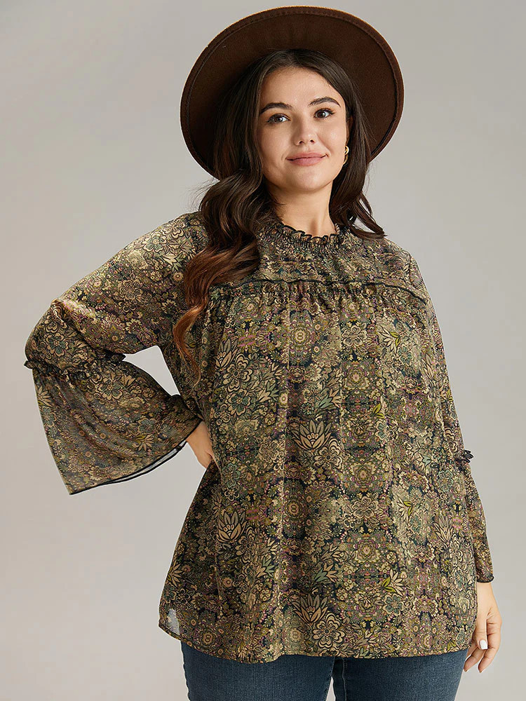 Bandana Print Mesh Frill Trim Blouse | Bloomchic