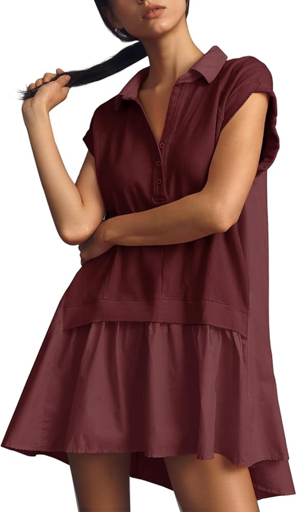 Fisoew Womens Summer Sweatshirt Dresses Short Sleeve V Neck Casual Oversized Patchwork Mini Dress | Amazon (US)