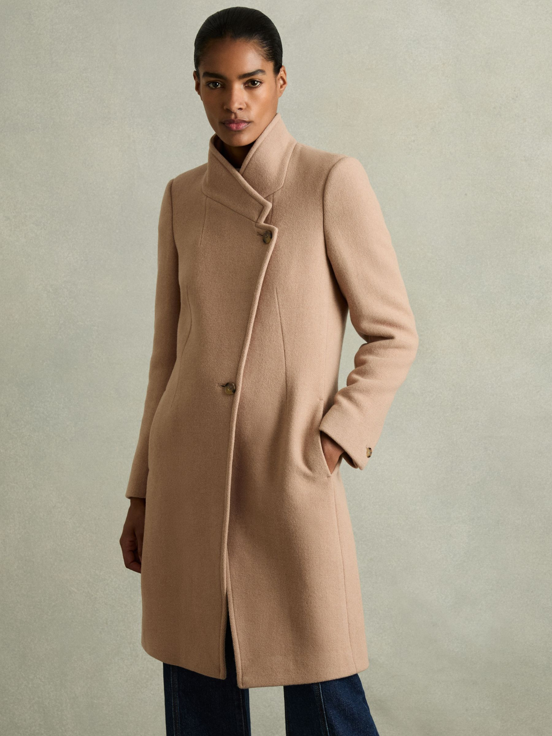 Reiss Petite Wool Blend Longline Double Breasted Coat in Light Camel | REISS | Reiss US