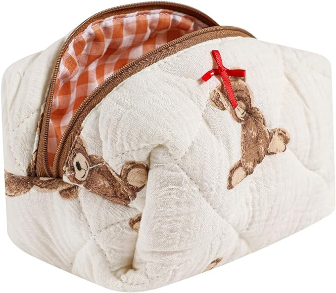 Cute Small Floral Cotton Makeup Bag, Quilted Zipper Pouch with Coquette Bear for Women and Girls,... | Amazon (US)