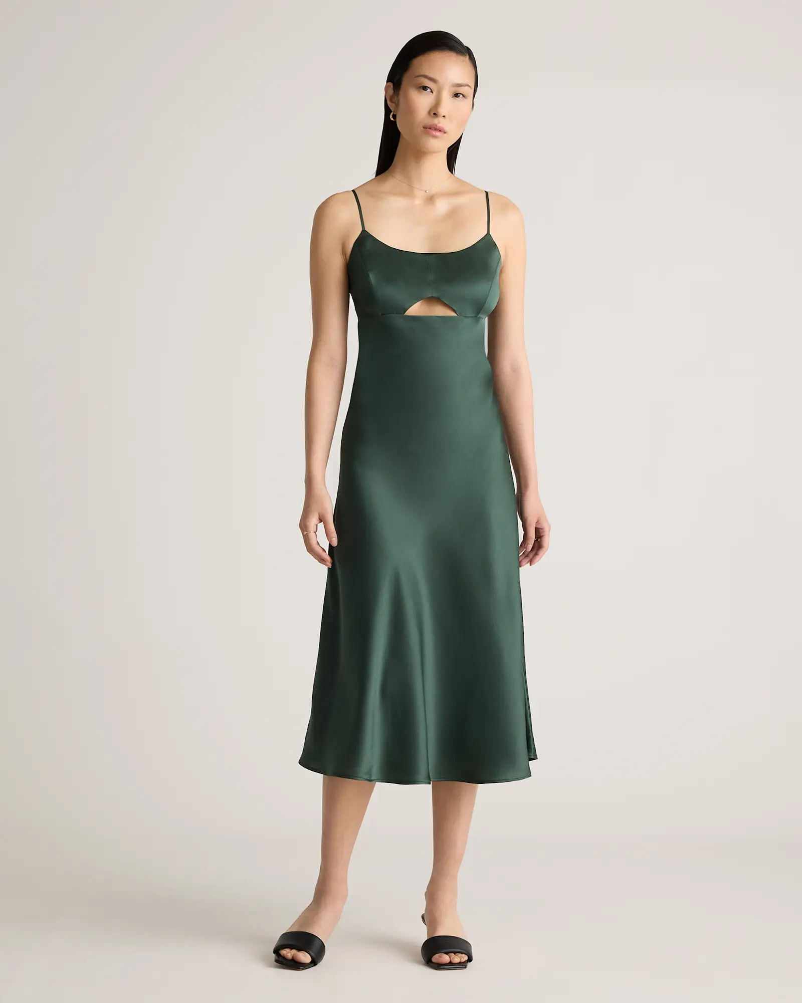100% Washable Silk Cutout Midi Slip Dress in Forest Green | Quince