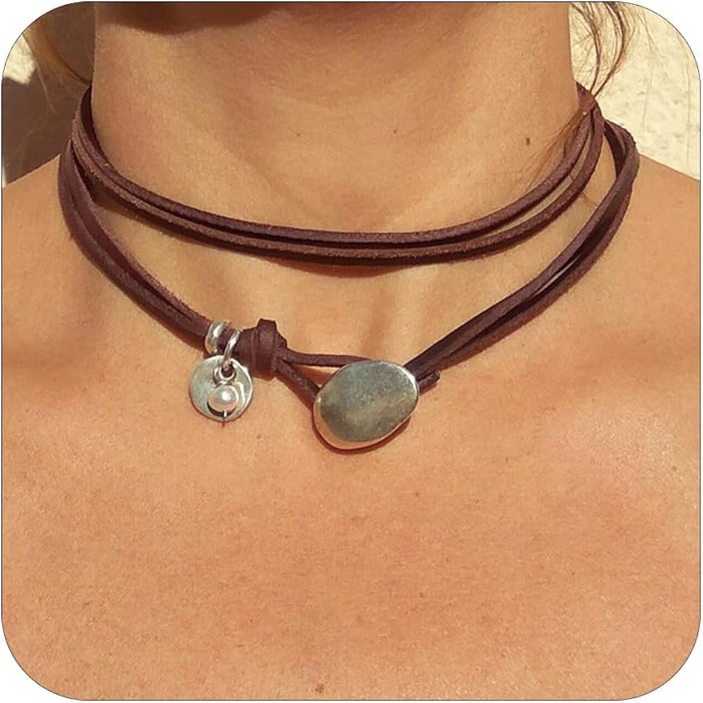 HUASAI Boho Necklaces for Women Brown Suede Choker Necklace for Women Trendy Boho Layered Leather... | Amazon (US)