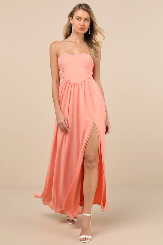 Luxe Favorite Peach Pink Strapless Ruched Maxi Dress | Lulus