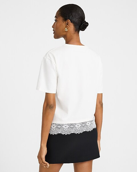 Express Plus Size Women's Crew Neck Lace Trim Boyfriend T-Shirt in White XL | Express