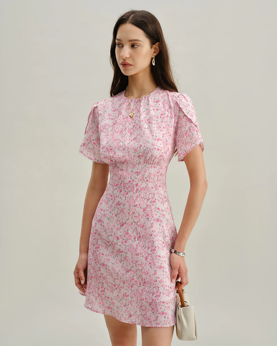 Pink Floral Round Neck Pleated Mini Dress | rihoas.com