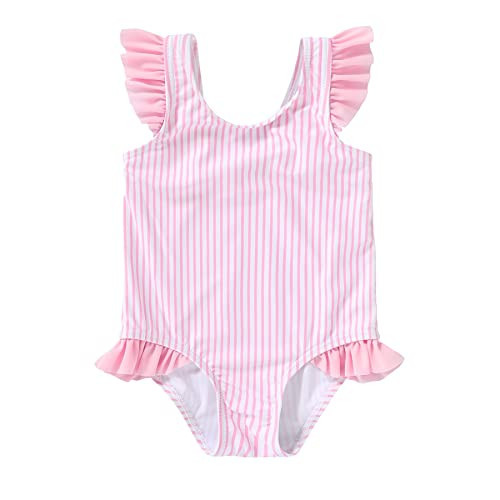 Tiny Cutey Toddler Girl Swimsuit Ruffled Stripe Sleeveless Swimwear One-Piece Baby Girl Bathing Suits (Pink-Stripe, 2-3 Year) | Amazon (US)
