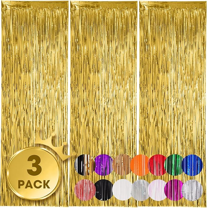 3 Pack 3.3x8.2 Feet Gold Foil Fringe Backdrop Curtains, Tinsel Streamers Birthday Party Decoratio... | Amazon (US)
