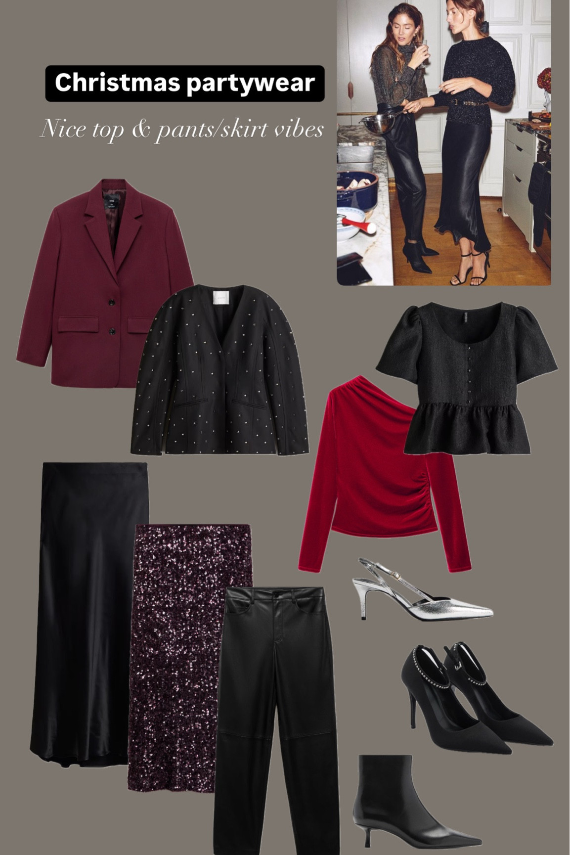 Christmas party outfits - long skirts/trousers with nice tops 