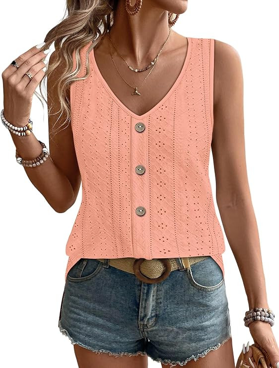 WIHOLL Womens Tank Tops Loose Casual Summer Tops Eyelet V Neck Basic Sleeveless Shirts Trendy 202... | Amazon (US)