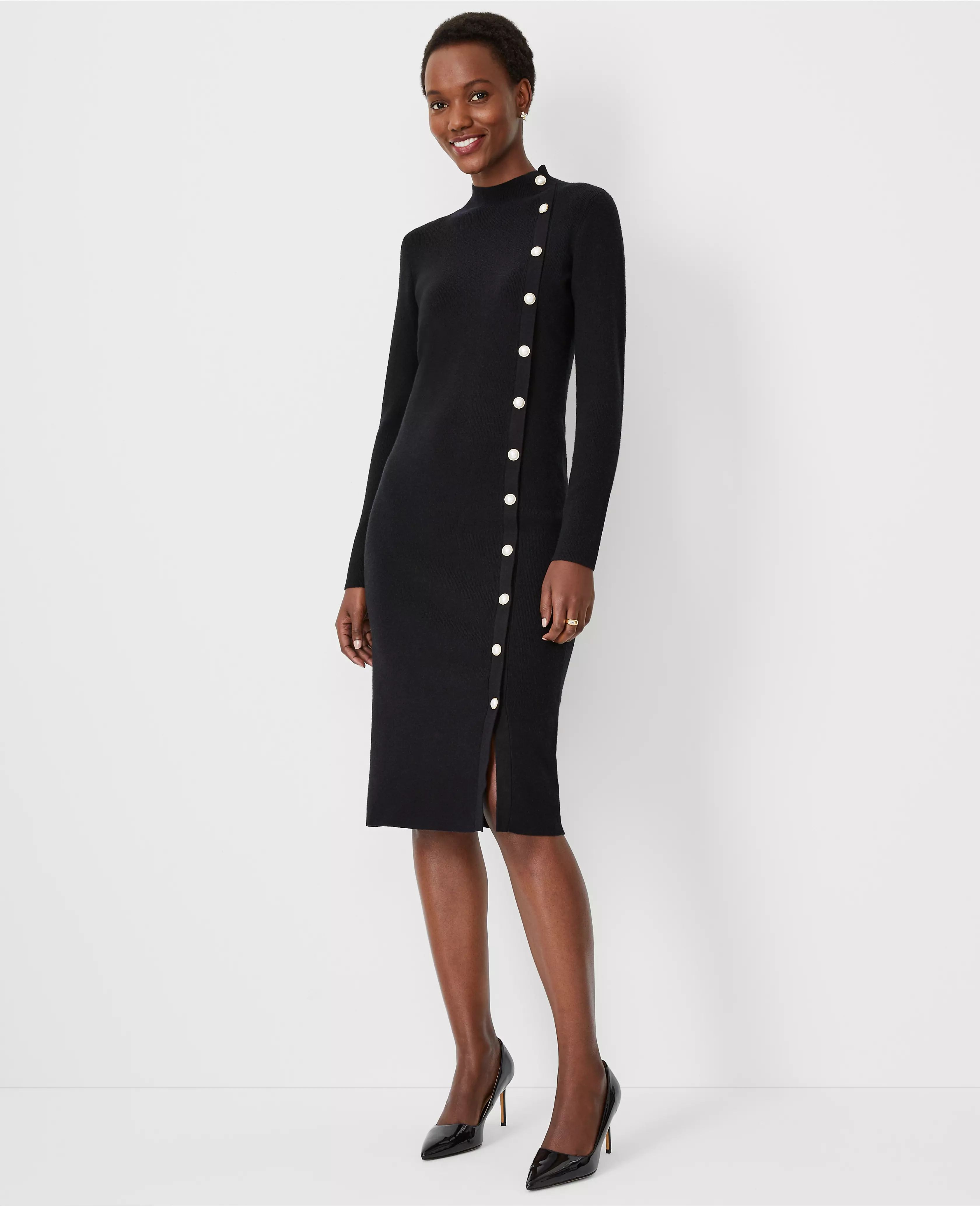 Pearlized Button Trim Ribbed Sweater Dress | Ann Taylor (US)