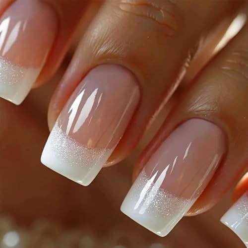 NEWSPIED 24Pcs French Tip Press On Nails Medium Square Glitter Acrylic Nails with White Gradient Design Glossy False Nails Reusable Nude Stick On Nails for Women Manicure Decor Supplies | Amazon (US)