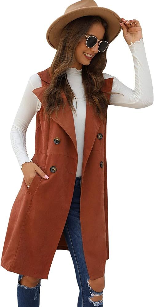 SOLY HUX Women's Sleeveless Lapel Double Breasted Long Trench Vest Jacket Outwear Rust Brown S at Am | Amazon (US)