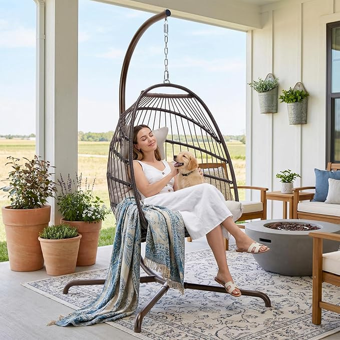 RADIATA Wicker Egg Swing Chair with Stand for Outside, Outdoor Comfy Hanging Egg Patio Chairs wit... | Amazon (US)