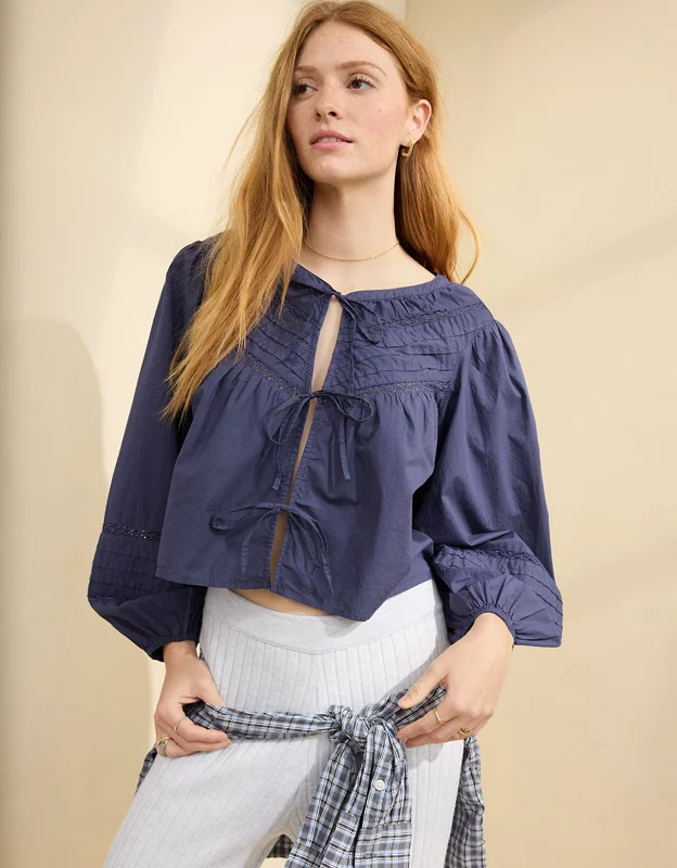 Aerie Long Sleeve Tie Front Top | Aerie