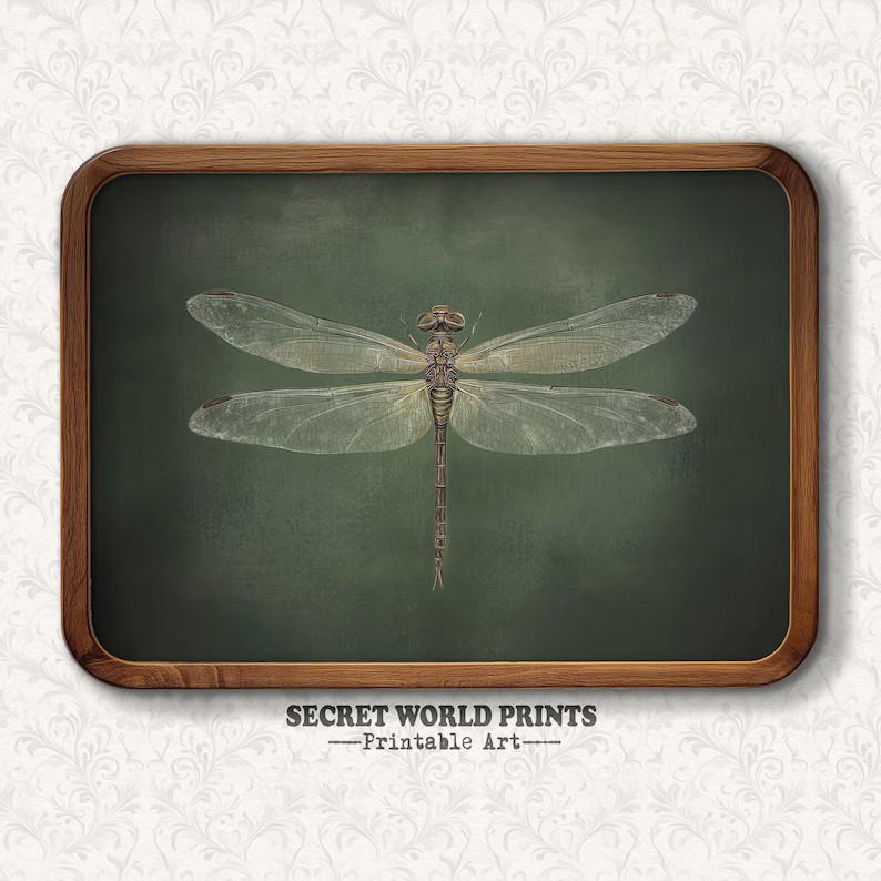 Printable Dragonfly Painting Wall Art, Vintage Dark Academia Insect Print, Moody Wall Art, Scient... | Etsy (US)