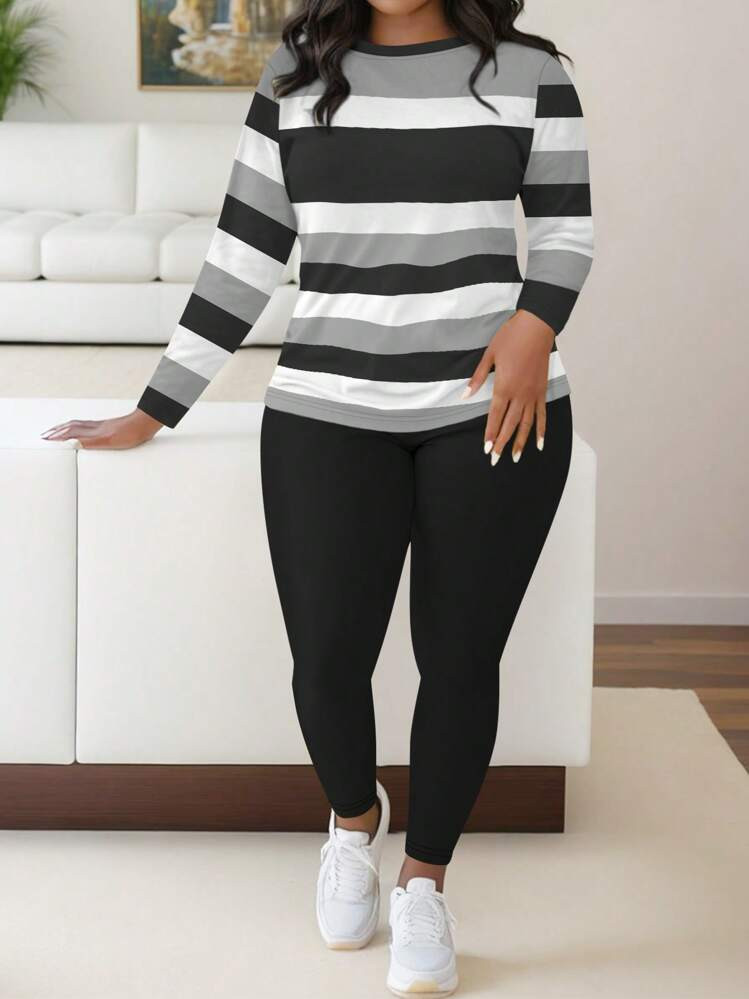 Maweii Plus Size Fashionable Stripe Print 2 Pieces Set Fall Cloth For Women | SHEIN