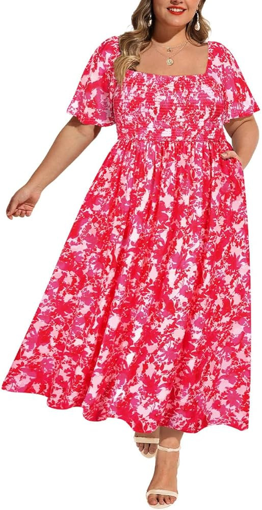 RITERA Plus Size Dresses for Curvy Women Square Neck Short Sleeve Summer Floral Smocked Maxi Dres... | Amazon (US)