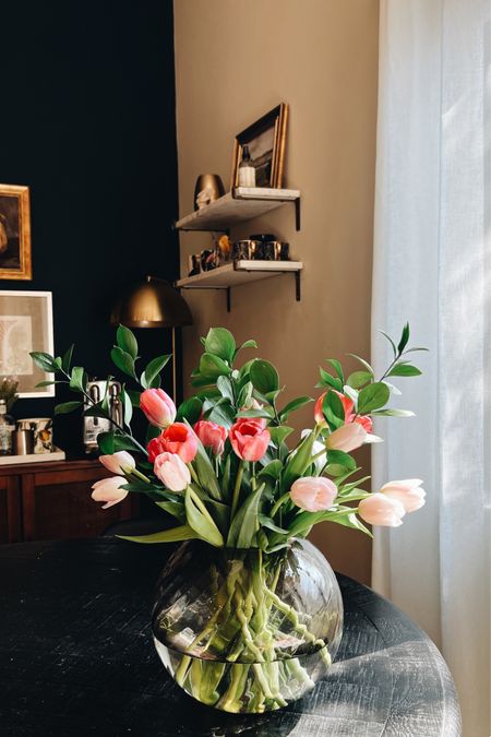 The prettiest Spring tulips in my favourite ribbed glass vase! All ready for my baby girl’s second birthday party. 
-
H&M home - world market - Etsy - floating marble shelves - gold shelf brackets - white linen curtains - gold floor lamp - Target - affordable dining room decor 

#LTKhome #LTKunder100