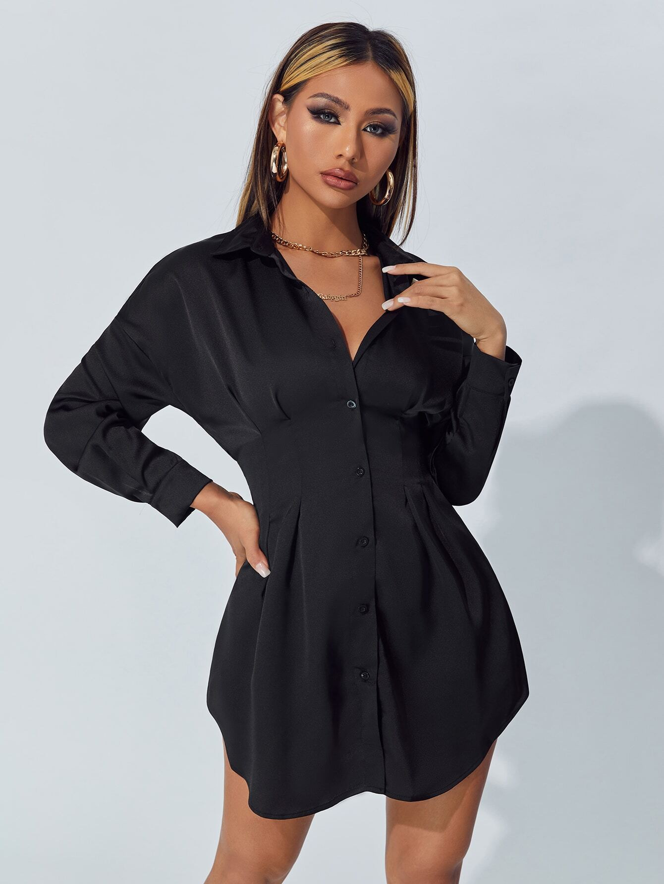 SHEIN PETITE Empire Waist Solid Shirt Dress | SHEIN