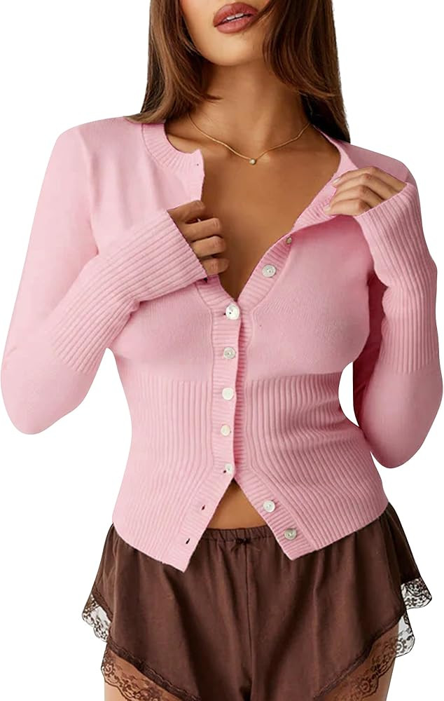 Womens Open Front Button Up Cropped Cardigan Ribbed Knit Long Sleeve Shirt Casual Solid Crop Top ... | Amazon (US)