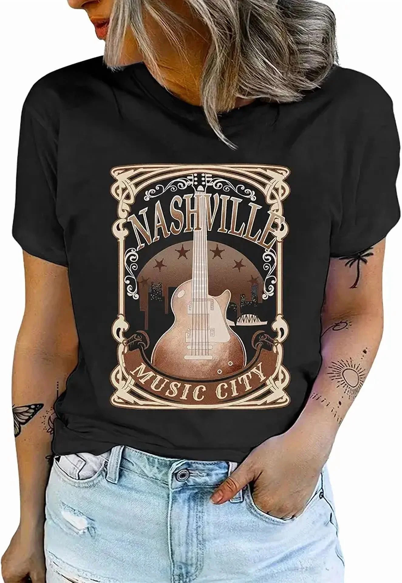 Women Nashville Music City T-Shirt - Country Concert Tops Distressed Graphic Cowgirl Shirt Wester... | Walmart (US)