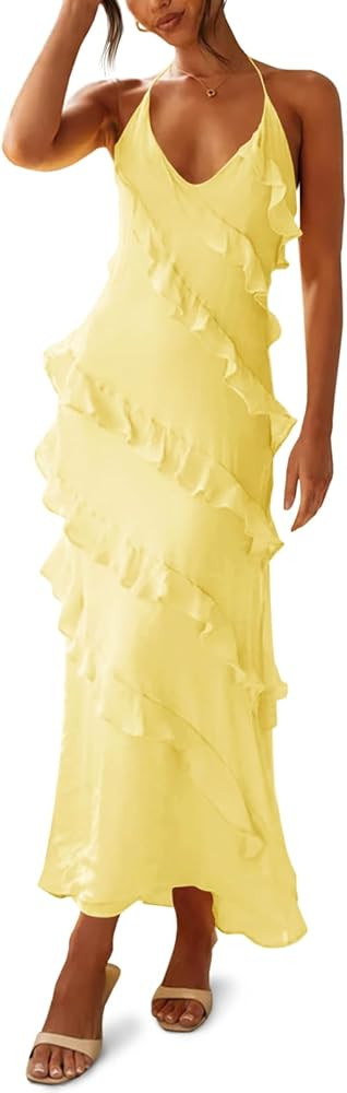 Wenrine Womens Sexy Chiffon Halter Maxi Dress Sleeveless Backless Ruffle Tassel Party Club Dresse... | Amazon (US)