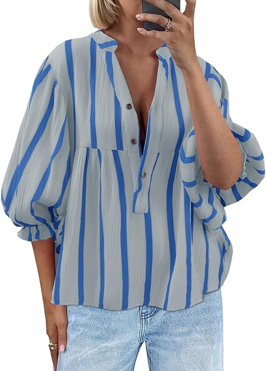 Tankaneo Womens Puff Sleeve Babydoll Tops Summer V Neck Striped Blouse Cute Casual Loose Fit Flow... | Amazon (US)