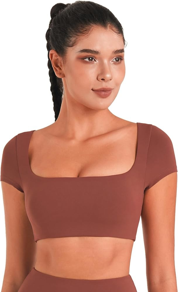 Sunzel Womens Short Sleeve Crop Top with Built in Bra Athletic Yoga T Shirt Casual Fitted Workout... | Amazon (US)