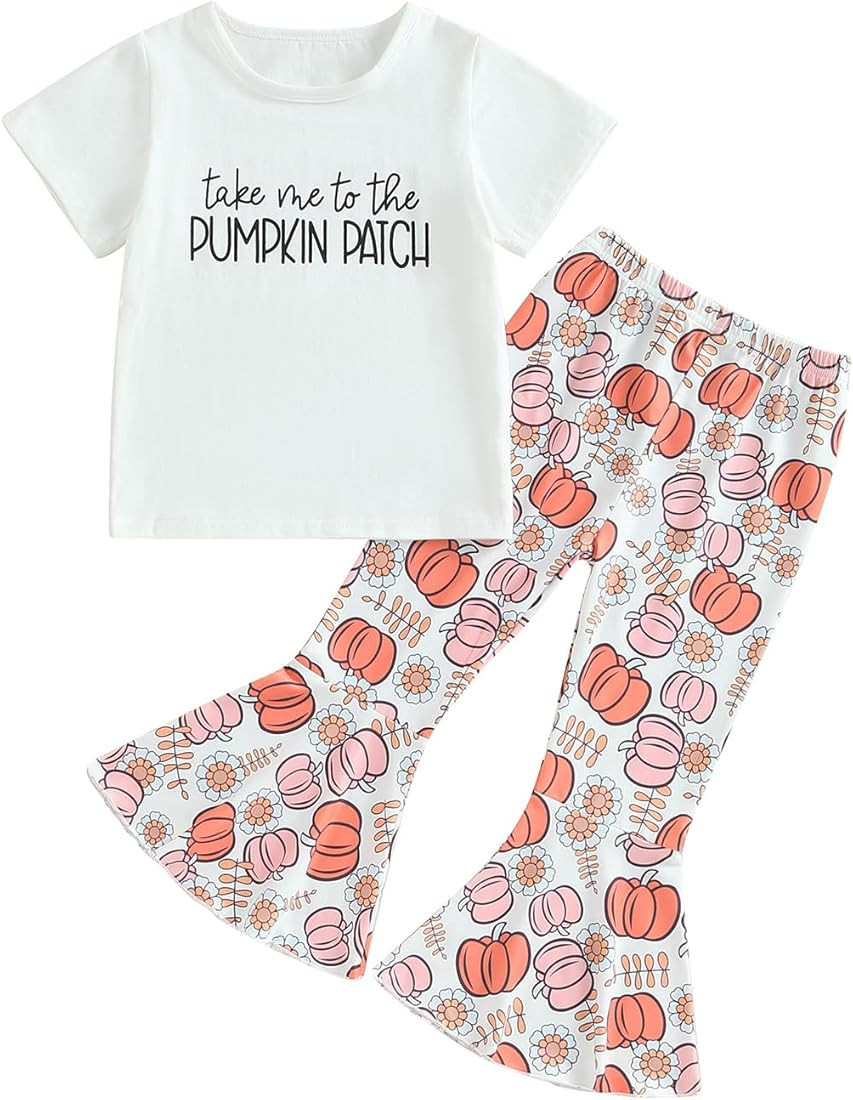 Amnnchya Toddler Baby Girl Summer Clothes Letter Print Short Sleeve Shirt and Peach Bell Bottoms ... | Amazon (US)