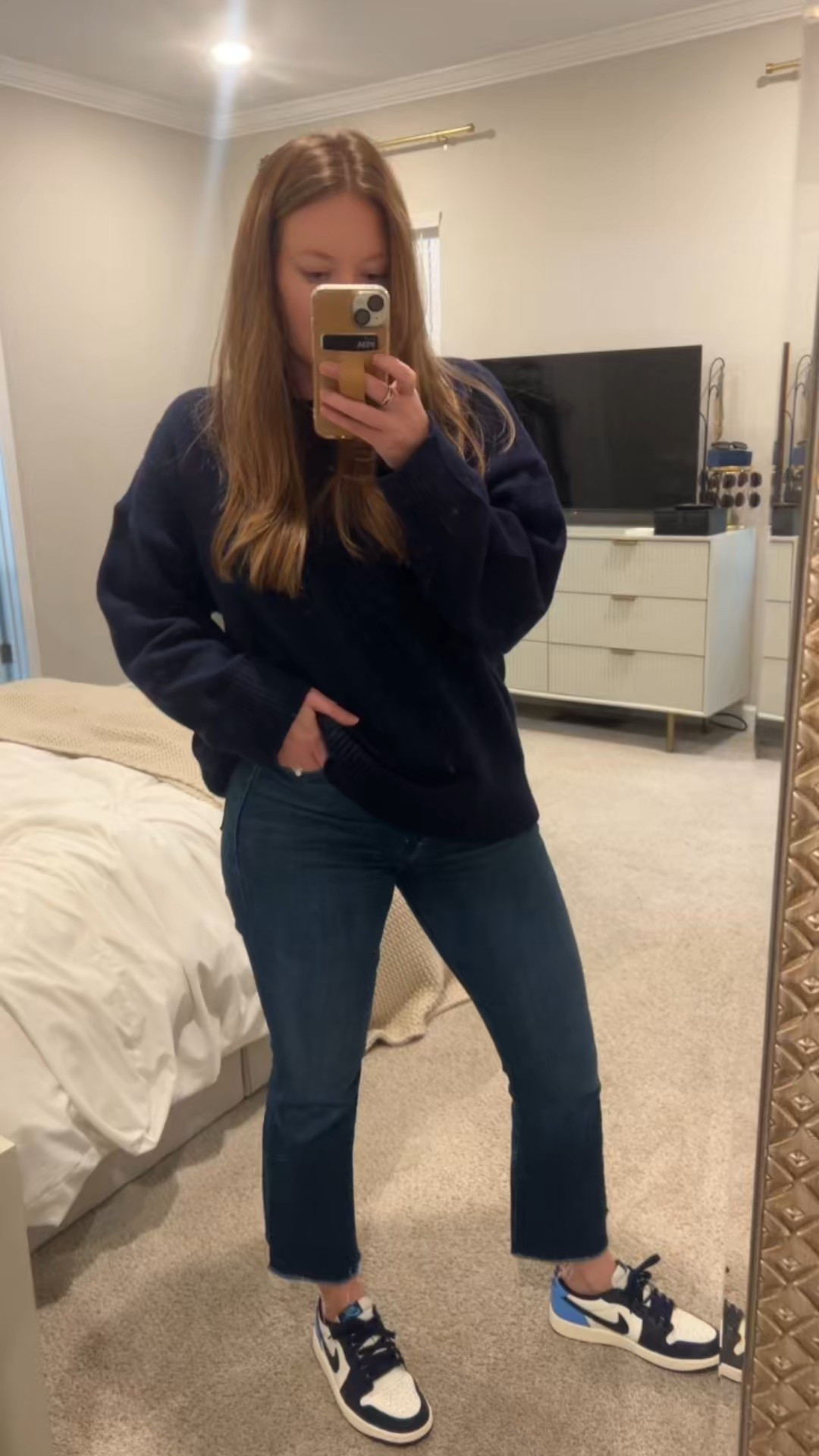 Navy sweater / tts 
Ankle jeans / tts 
Navy and white sneakers 

#LTKFindsUnder100 #LTKFindsUnder50 #LTKootd