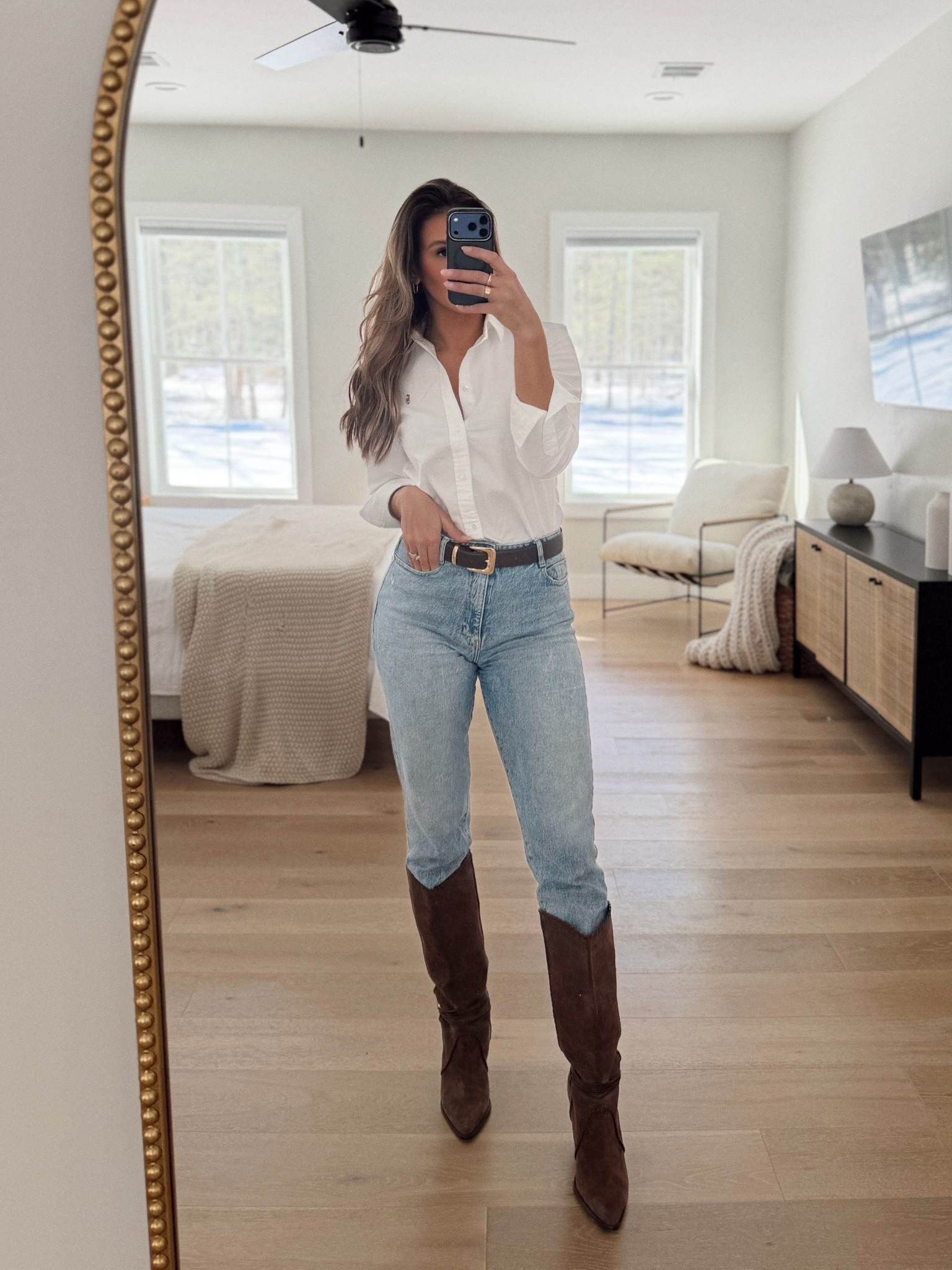 Ralph Lauren white button down, Zara denim, dark brown suede western boots, dark brown leather Mango Belt, spring style

#LTKSpringSale #LTKdayinmylife #LTKootd