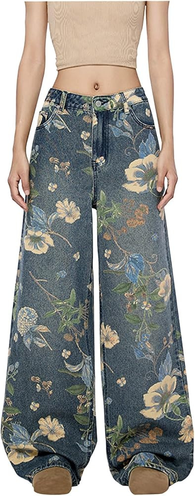 Women's Floral Baggy Jeans Y2k Aesthetics Wide Leg High Waisted Denim Pants Vintage Flower Graphi... | Amazon (US)