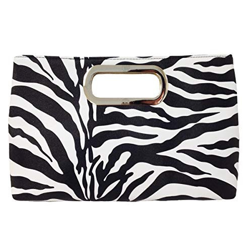 JNB Top Handle Zebra Print Clutch for Women with Detachable Chain Gold Hardware Black Twill Lining Zippered Pocket 11.5x2x7.5 inches White/Black | Amazon (US)