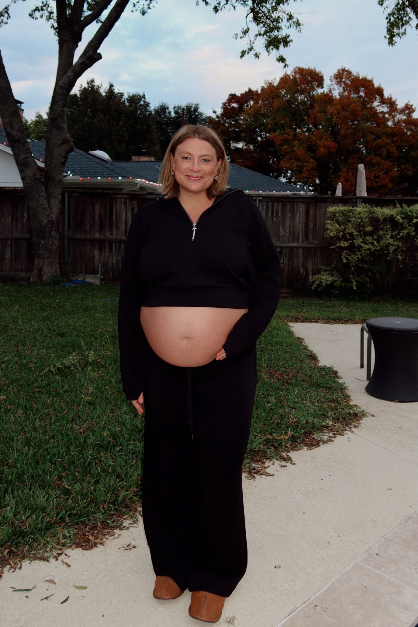 Spanx wide leg pants + quarter zip - so comfy and on sale! I wear them in XL (fit looser when not 9 months pregnant 💀) 

#LTKMidsize #LTKCyberWeek #LTKBump