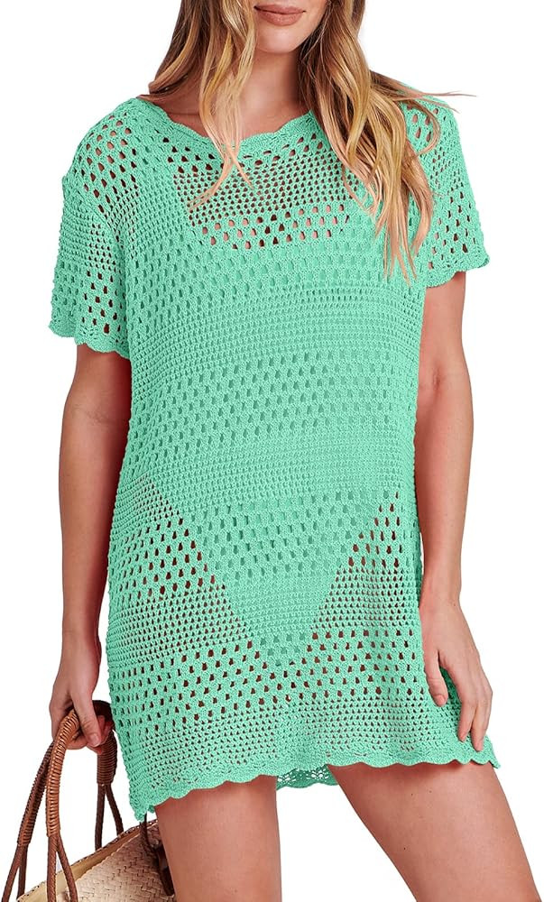 ANRABESS Women Swimsuit Crochet Swim Cover Up Summer Bathing Suit Swimwear Knit Short Sleeve Pull... | Amazon (US)