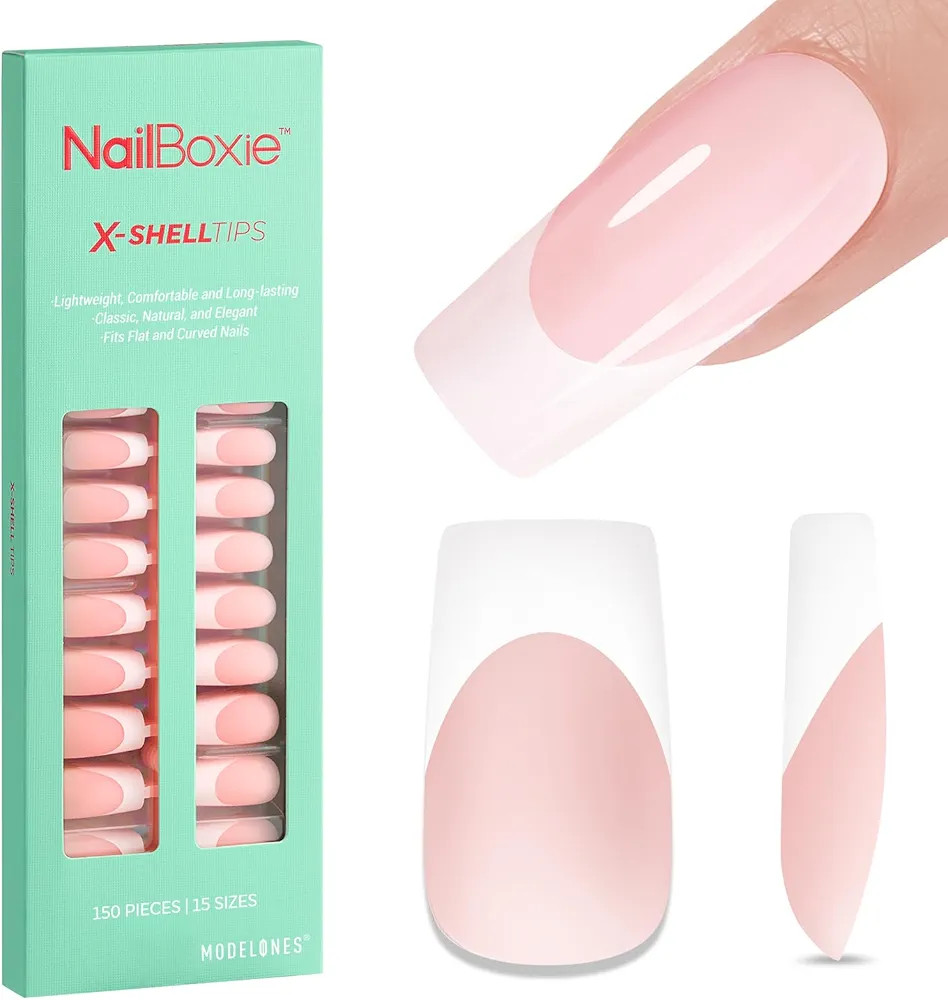 modelones French Tip Press on Nails, 150Pcs Long Square Fake Nails with Nail Box, Pink & White Ge... | Amazon (US)