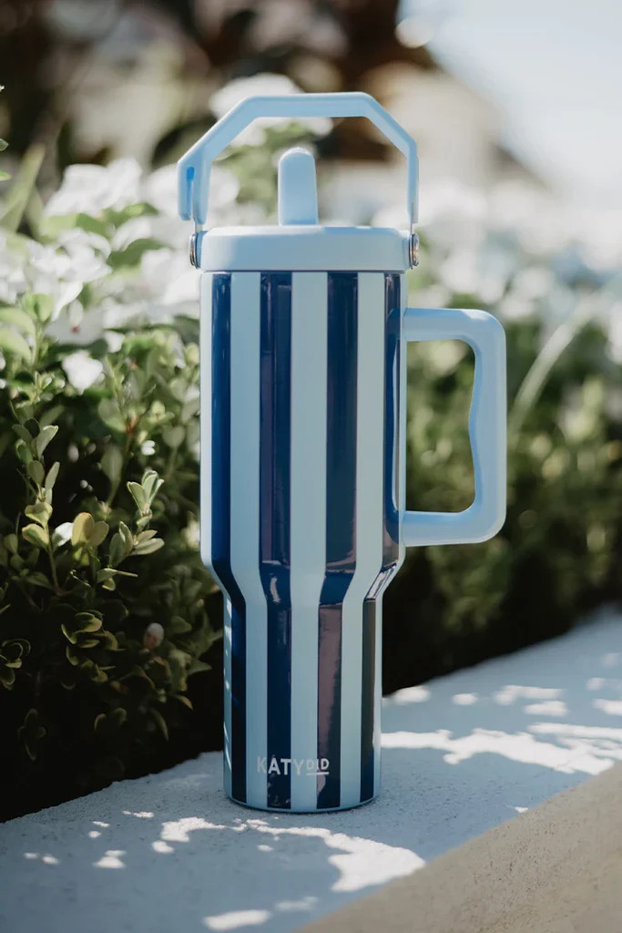 Light Blue and Navy Striped Tumbler With Handle | Katydid