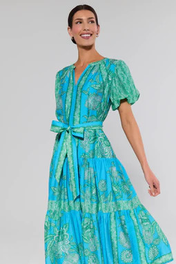 Blue Printed Split Neck Midi Dress | Avara