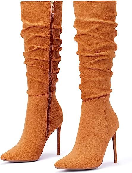 Elisabet Tang Women's Knee High Booties,Faux Suede High Boots for Women,4" Stiletto Heel Pointed Toe | Amazon (US)