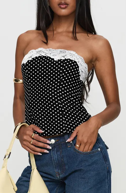 Princess Polly Ettore Lace Trim Polka Dot Strapless Top in Black Polka at Nordstrom, Size 10 | Nordstrom