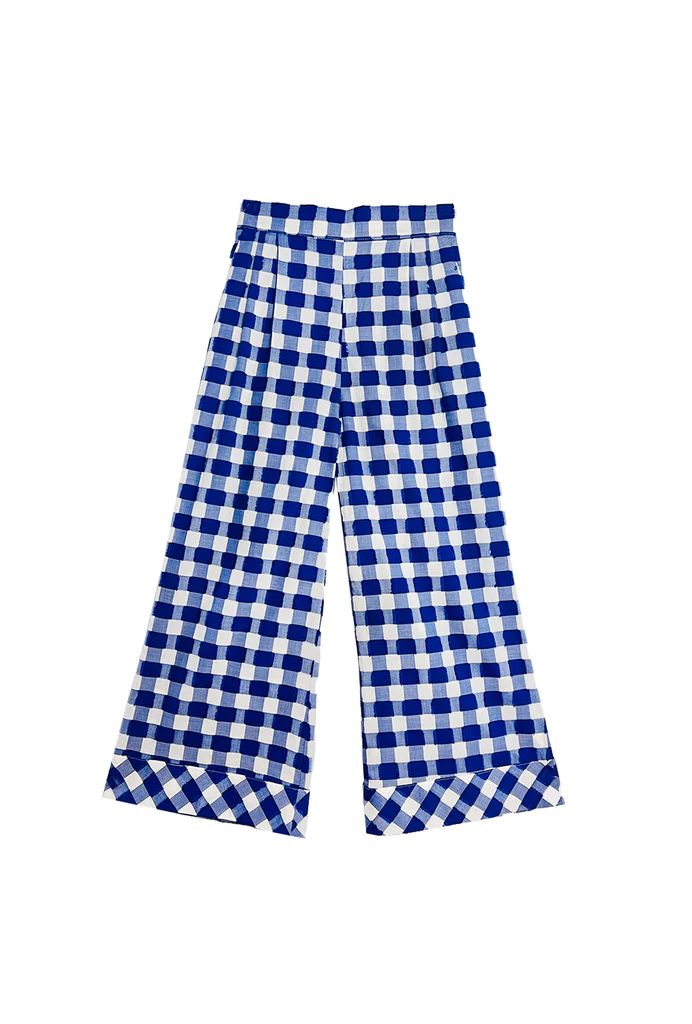 BURU x Val Cropped Sailor Pants  - Blue Fringed Gingham | Shop BURU