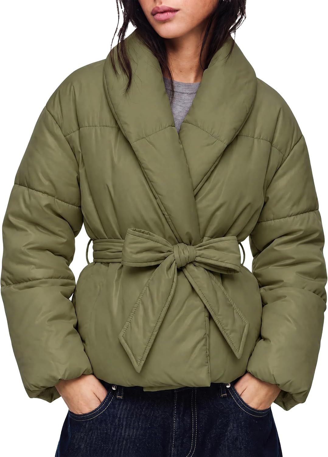 Tankaneo Womens Cropped Puffer Jacket Warm Quilted Belted Winter Coats | Amazon (US)