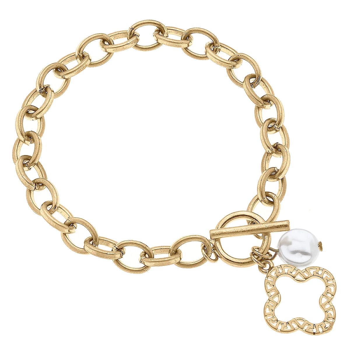 Parker Greek Keys Clover T-Bar Charm Bracelet in Worn Gold | CANVAS