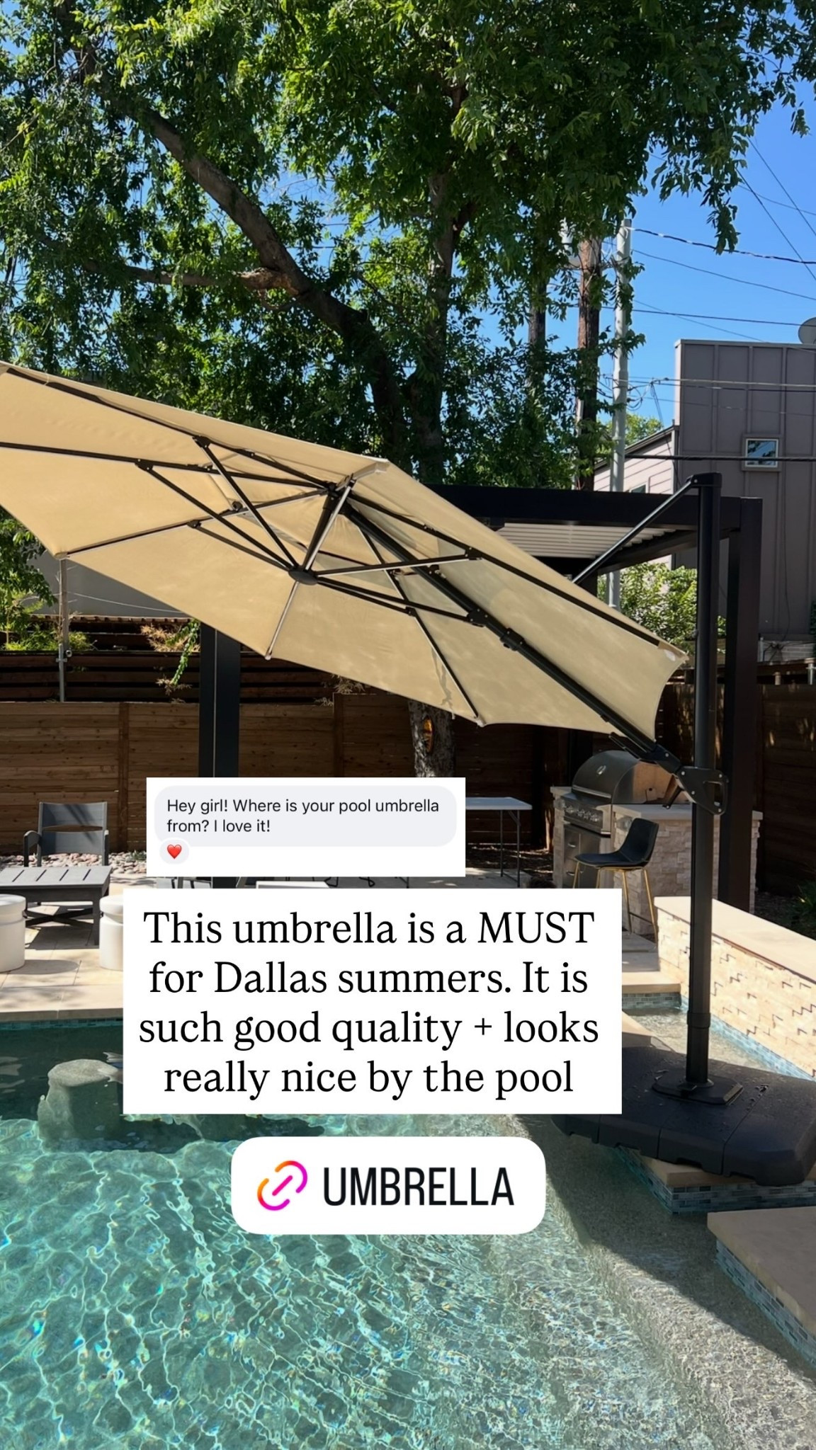 This umbrella is a MUST for Dallas summers. It is such good quality + looks really nice by the pool

#LTKSeasonal #LTKHome #LTKdayinmylife