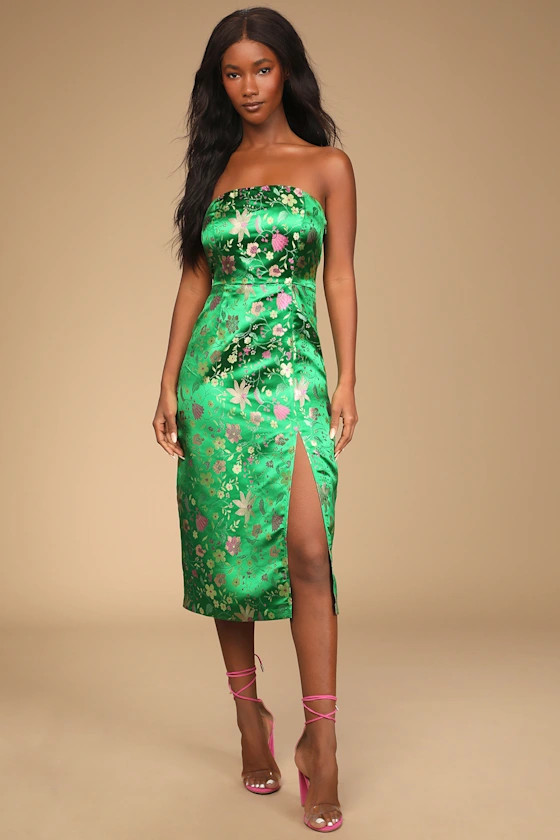 Make a Move Green Satin Floral Jacquard Strapless Midi Dress | Lulus