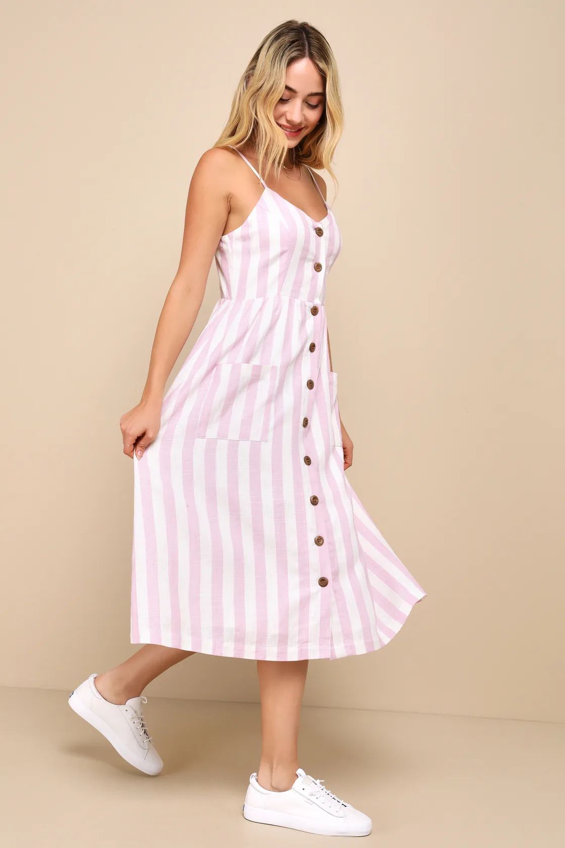 Marseille Mood Pink Striped Linen Midi Dress With Pockets | Lulus