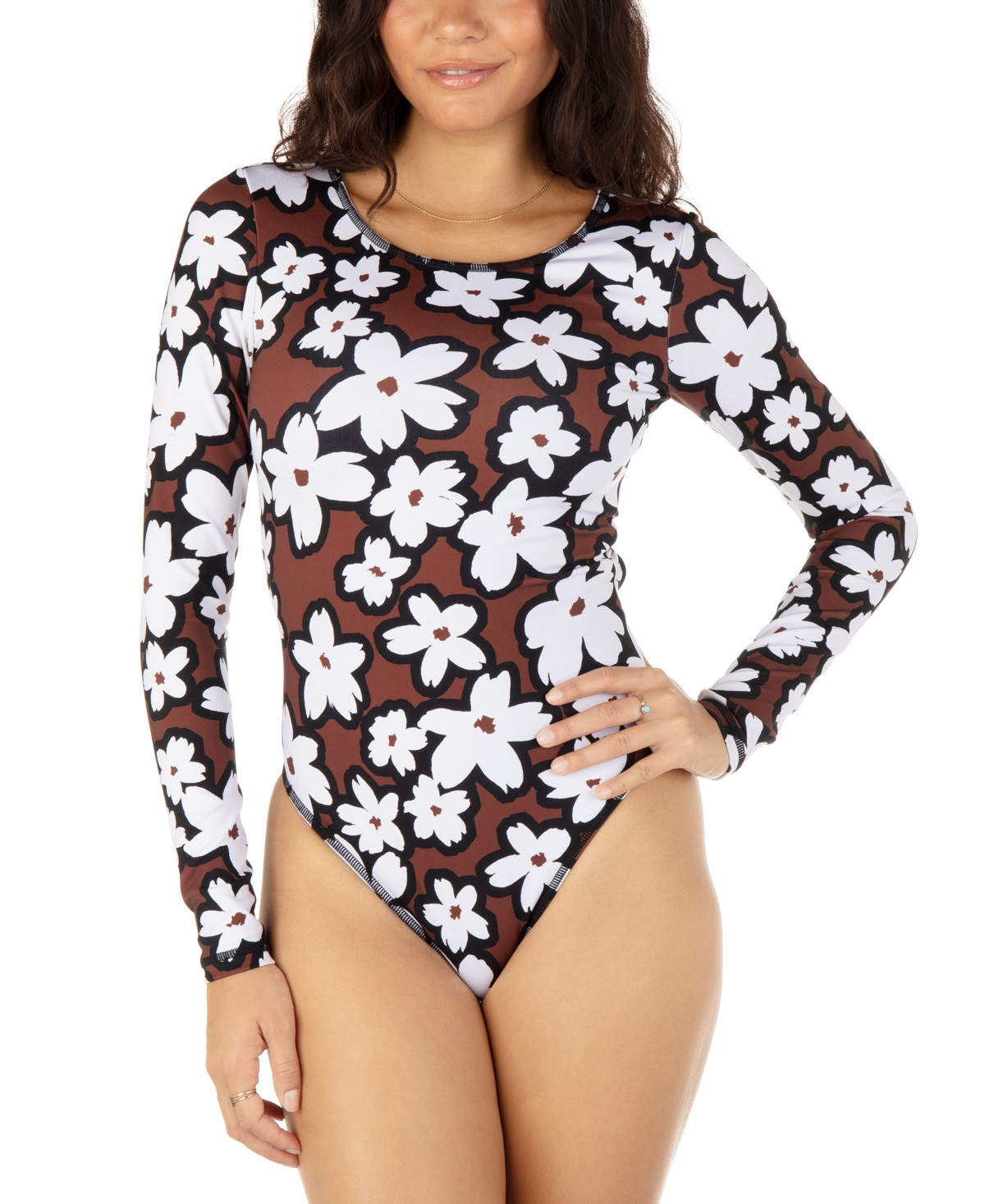 Hurley Women's Bold Daisy Printed Long-Sleeve One-Piece Swimsuit - Cinnamon | Macy's