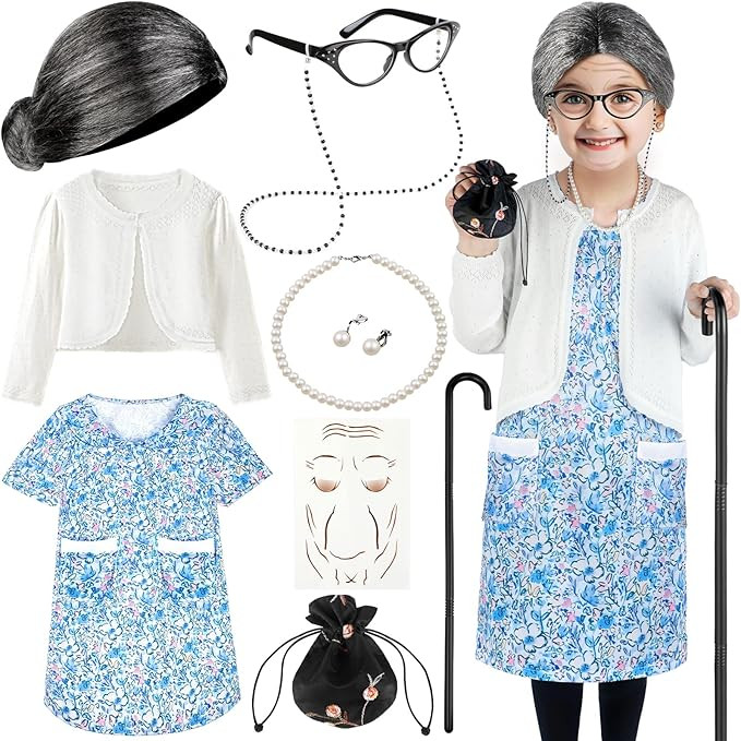 Old Lady Costume for Kids, 100th Day of School Costume for Girls with Grandma Costume, Kids Old L... | Amazon (US)