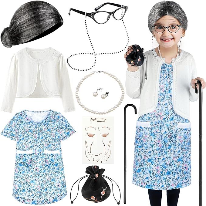 Old Lady Costume for Kids, 100th Day of School Costume for Girls with Grandma Costume, Kids Old L... | Amazon (US)
