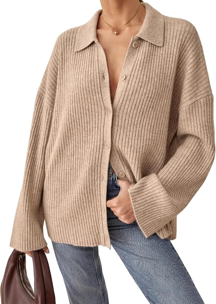 RONGCAT Women's V Neck Button Down Collared Sweater Cardigan Long Sleeve Open Front Knitted Sweat... | Amazon (US)